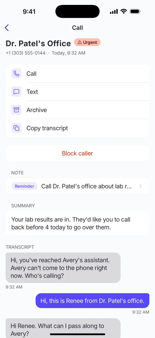 A call detail screen on iPhone: the caller, an Urgent badge, Call and Text buttons, the summary, and the transcript.