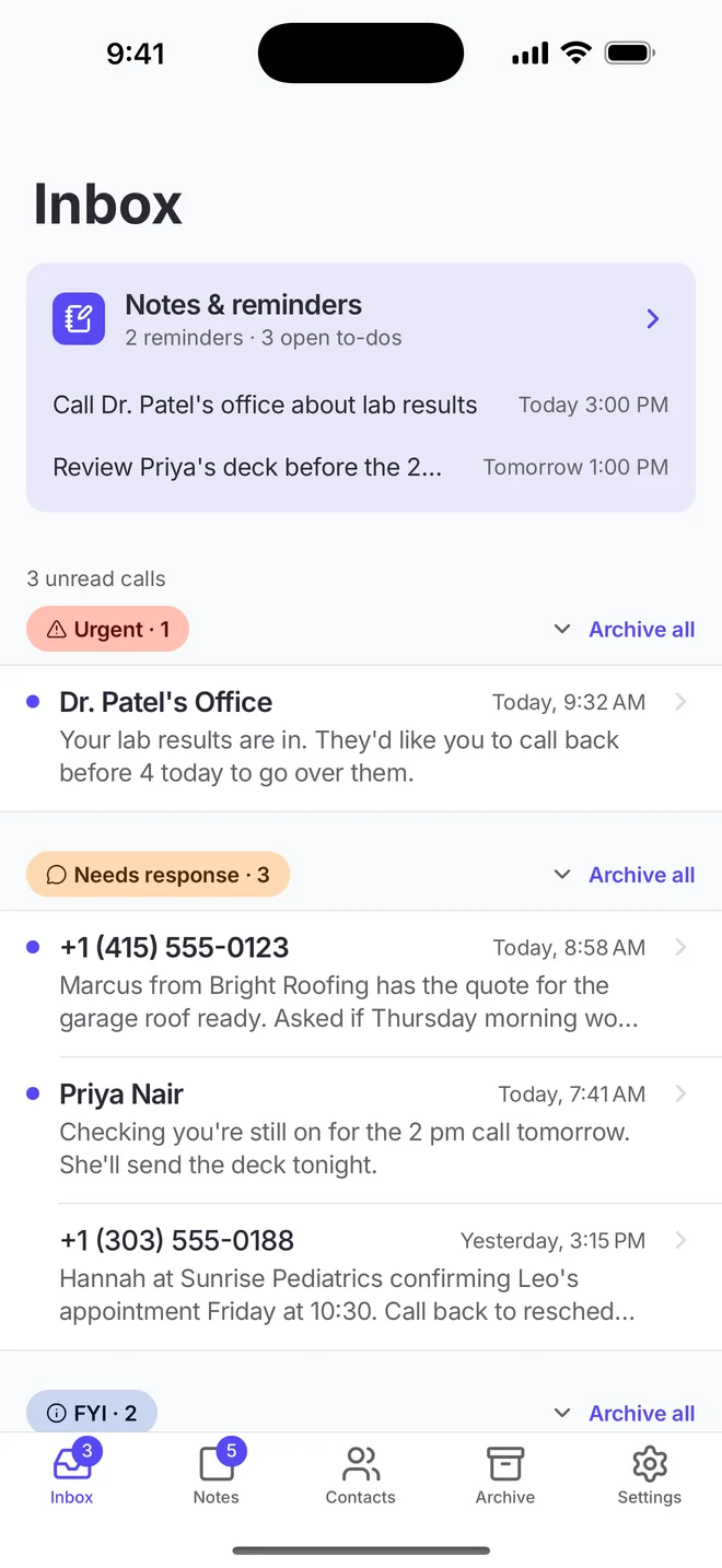 The Parlo inbox on iPhone: calls grouped as Urgent, Needs response, and FYI, with a Notes & reminders card at the top.